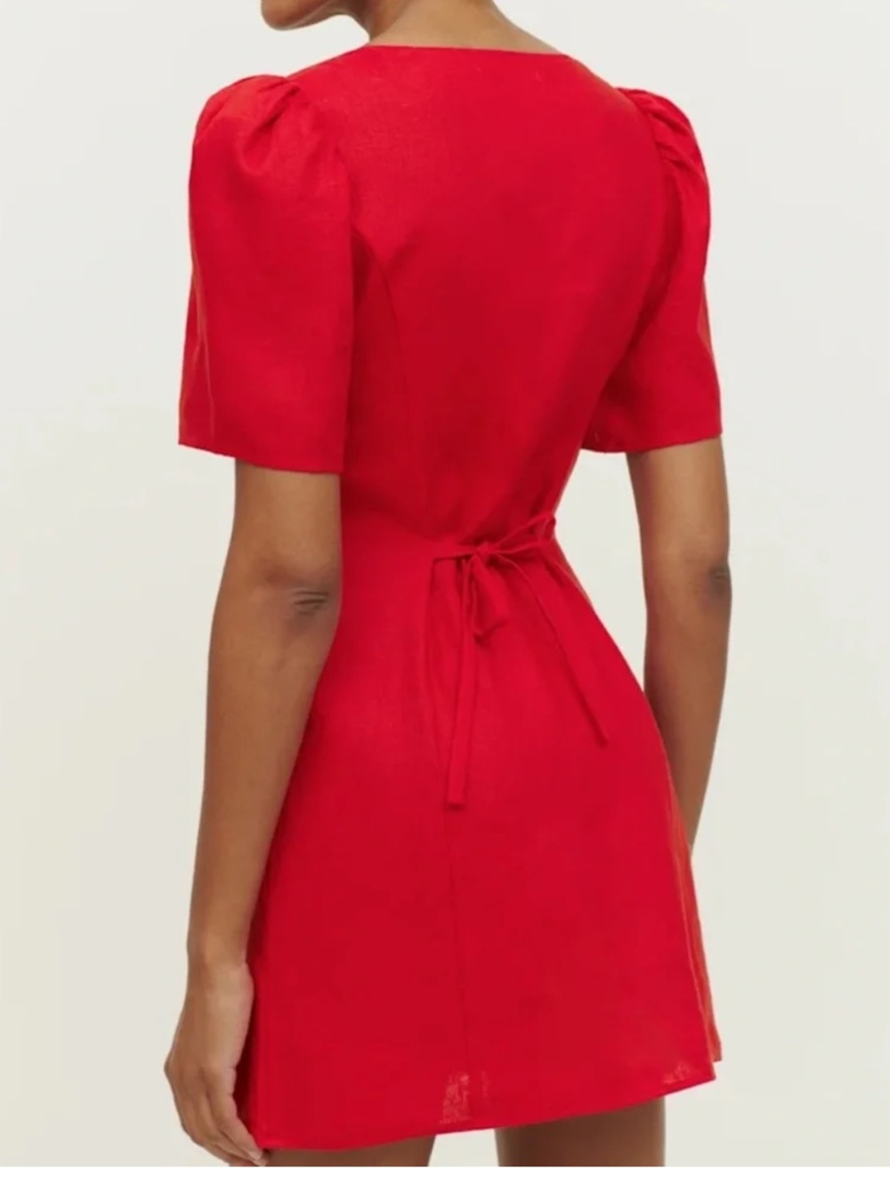 Reformation Red Linen Button-Front Mini Dress with Puff Sleeves - Picture 2 of 3
